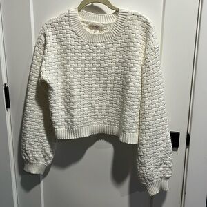 Jessica Simpson Basket Weave Cropped Sweater Puff Sleeve White
